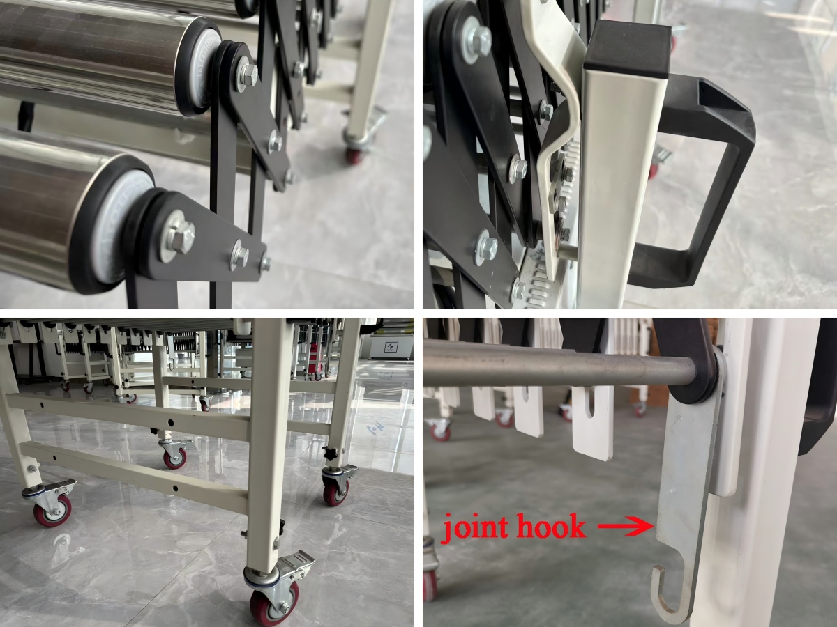 details of flexible expandable gravity roller conveyor लचीले विस्तार योग्य गुरुत्वाकर्षण रोलर कन्वेयर का विवरण