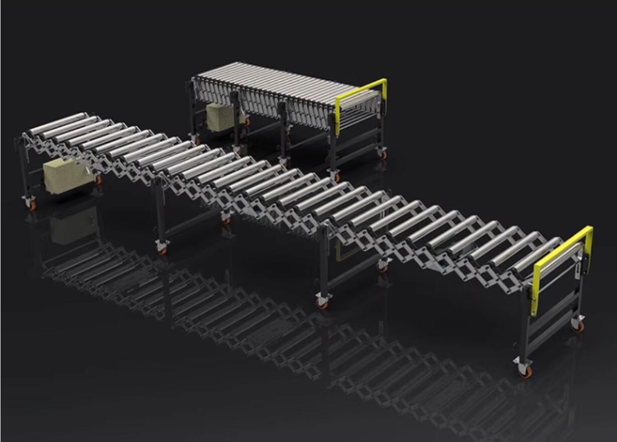 flexible expandable gravity roller conveyor – comparison of retracted and extended states लचीला विस्तारणीय गुरुत्वाकर्षण रोलर कन्वेयर - वापस ली गई और विस्तारित अवस्थाओं की तुलना