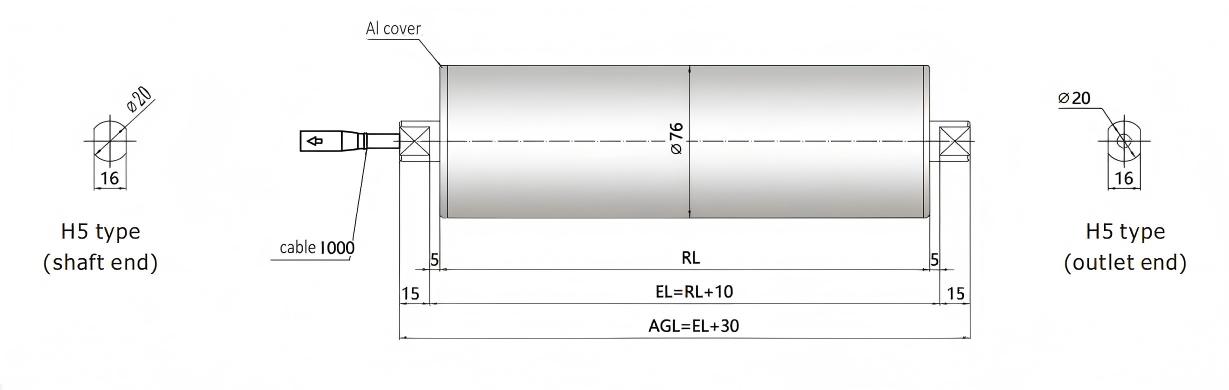 DGBL76 प्लेन मोटर ड्राइव रोलर आयाम