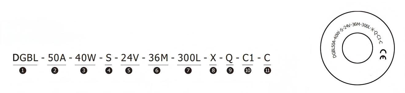 DGBL50A मोटर चालित रोलर मॉडल नंबर उदाहरण