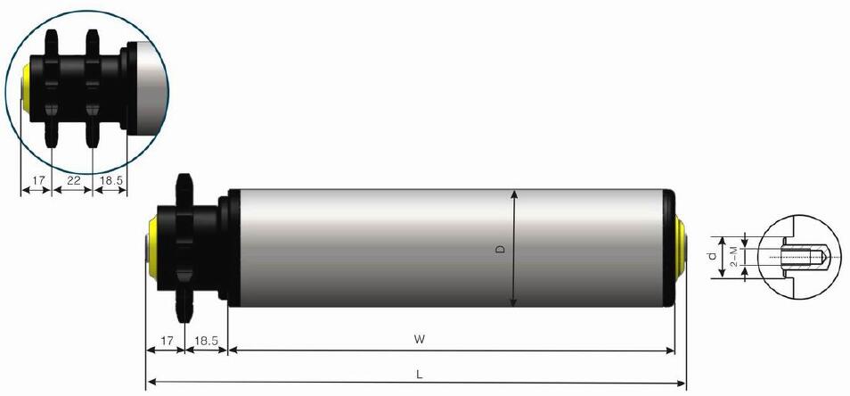 DR214 मीडियम ड्यूटी प्लास्टिक स्प्रोकेट जिंक-प्लेटेड स्टील कन्वेयर रोलर
