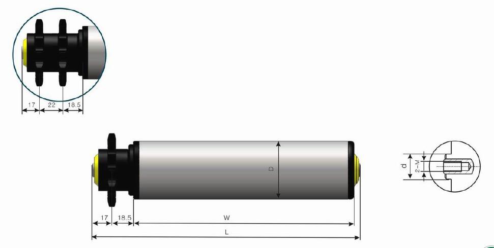 DR224 मीडियम ड्यूटी पॉलिमर स्प्रोकेट स्टील कन्वेयर रोलर